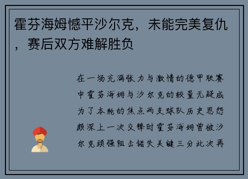 霍芬海姆憾平沙尔克，未能完美复仇，赛后双方难解胜负